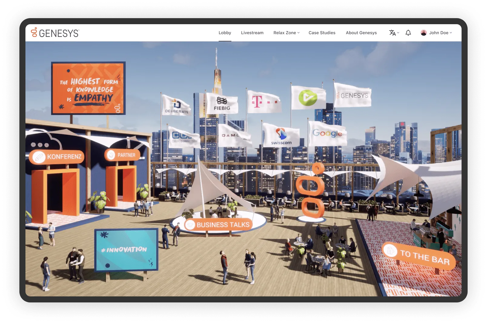 Virtuální lobby EMEA G-Summits od Genesys v Happenee s partnerskými stánky